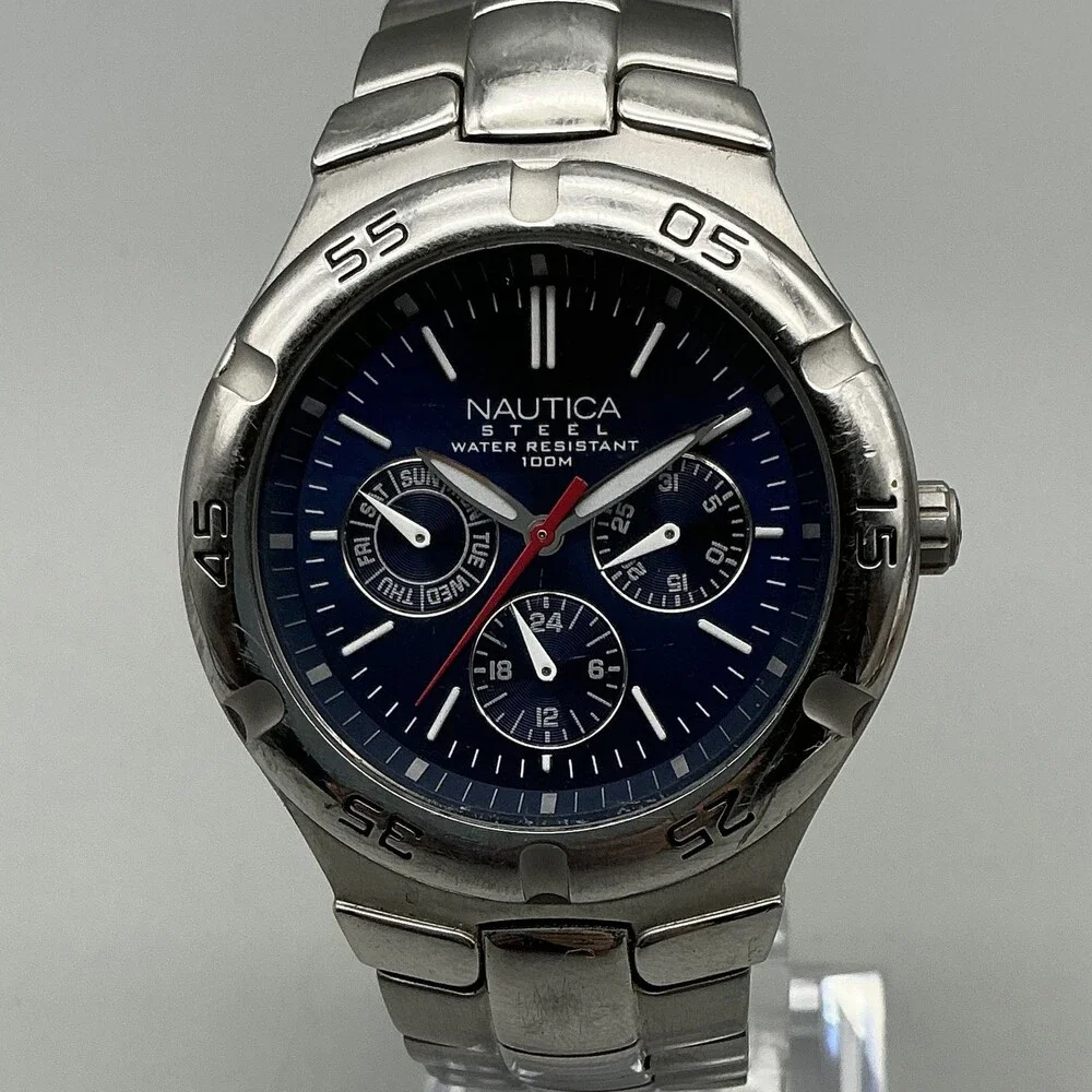 Nautica Steel Mens Watch 39mm Silver Tone Blue Dial Day Date New Battery 7